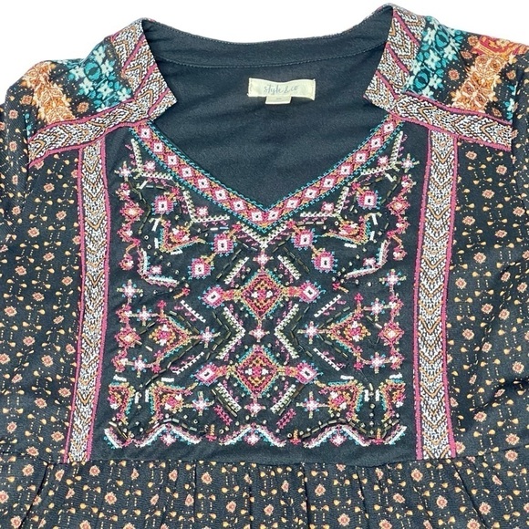NWOT STYLE & CO. Multicolored Beaded Long Sleeve Peasant Boho Dress Lined XS - Picture 9 of 16